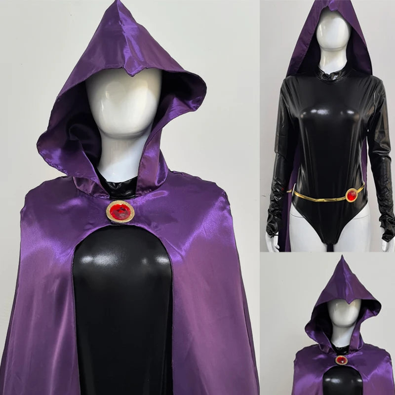 Raven Teen Titans cosplay costume featuring a hooded cape and sleek black bodysuit