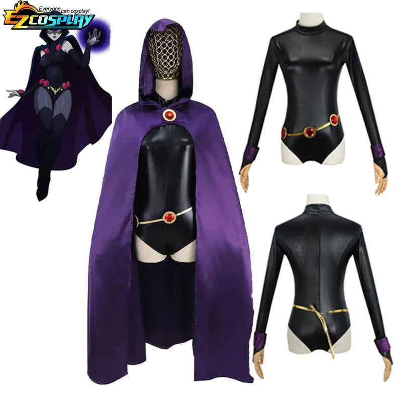 Raven Teen Titans cosplay costume featuring a purple cape and bodysuit with gold details