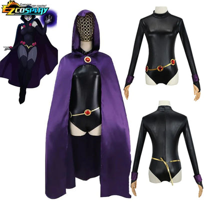 Raven Teen Titans cosplay costume featuring a purple cape and bodysuit with gold details