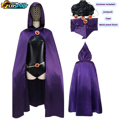 Raven Teen Titans cosplay costume featuring a purple jumpsuit, hooded cape, and waist jewel chain accessories