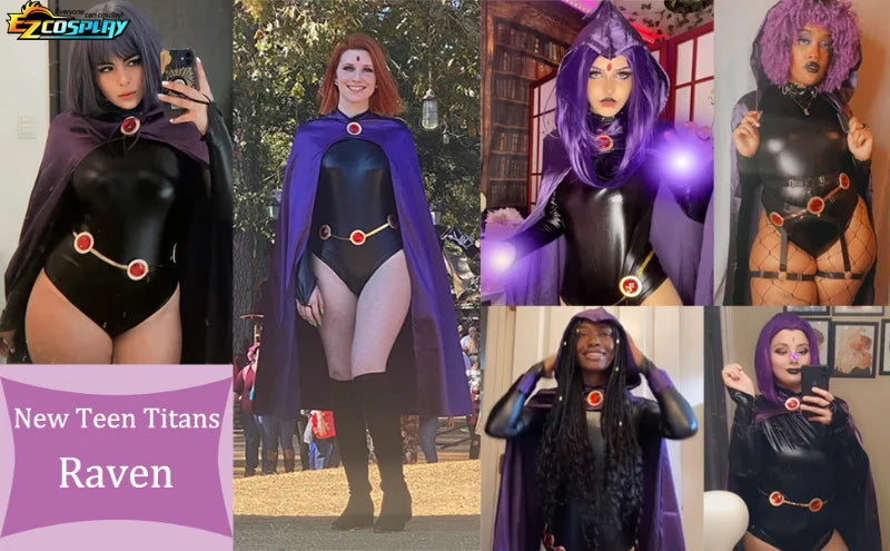 Variety of Raven Teen Titans cosplay costumes featuring unique styles and purple capes