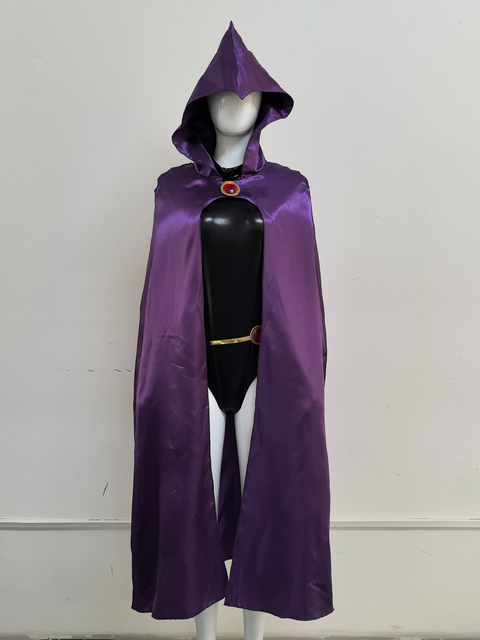 Raven Teen Titans cosplay costume featuring a purple cape and hood with a red gem clasp