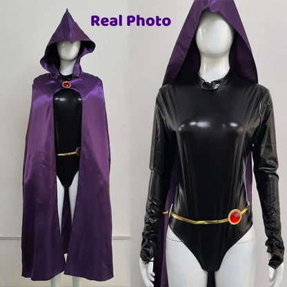 Raven Teen Titans cosplay costume featuring a black bodysuit and purple hooded cape