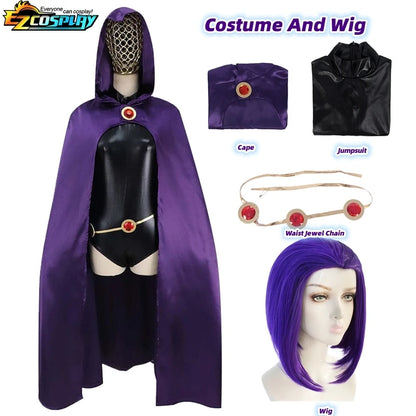 EtherealBe Raven Teen Titans cosplay costume featuring a purple cape, jumpsuit, wig, and waist jewel chain