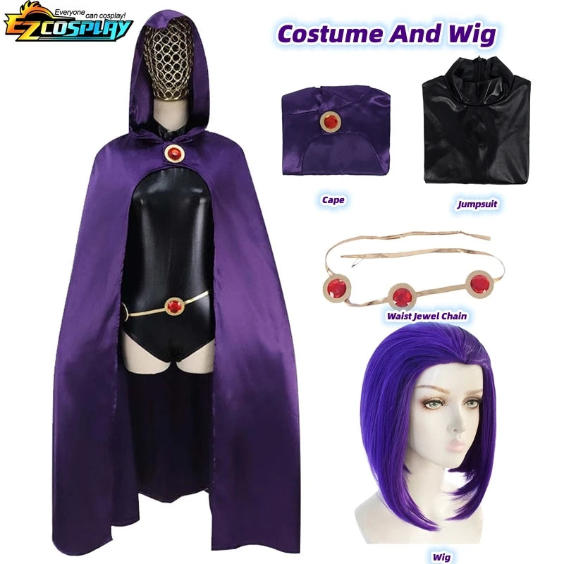Raven Teen Titans cosplay costume featuring a purple cape, jumpsuit, waist chain, and wig for fans