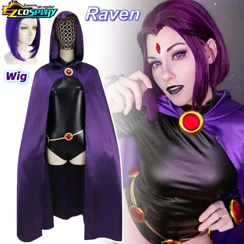 Raven Teen Titans cosplay costume with purple cape, wig, and signature gem for fans of the series