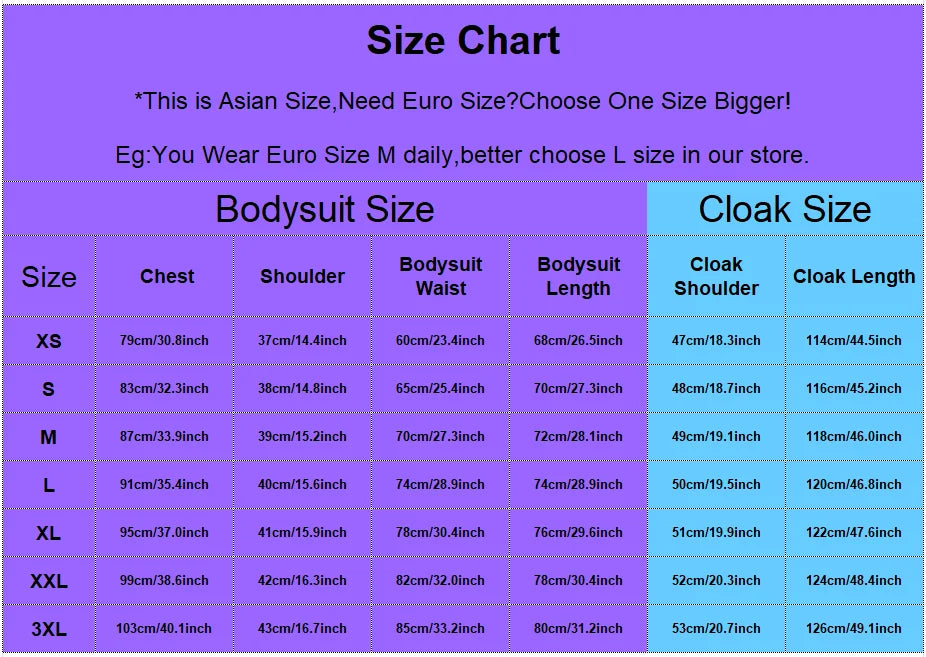 Size chart for Raven Teen Titans cosplay costume, featuring bodysuit and cloak measurements for various sizes