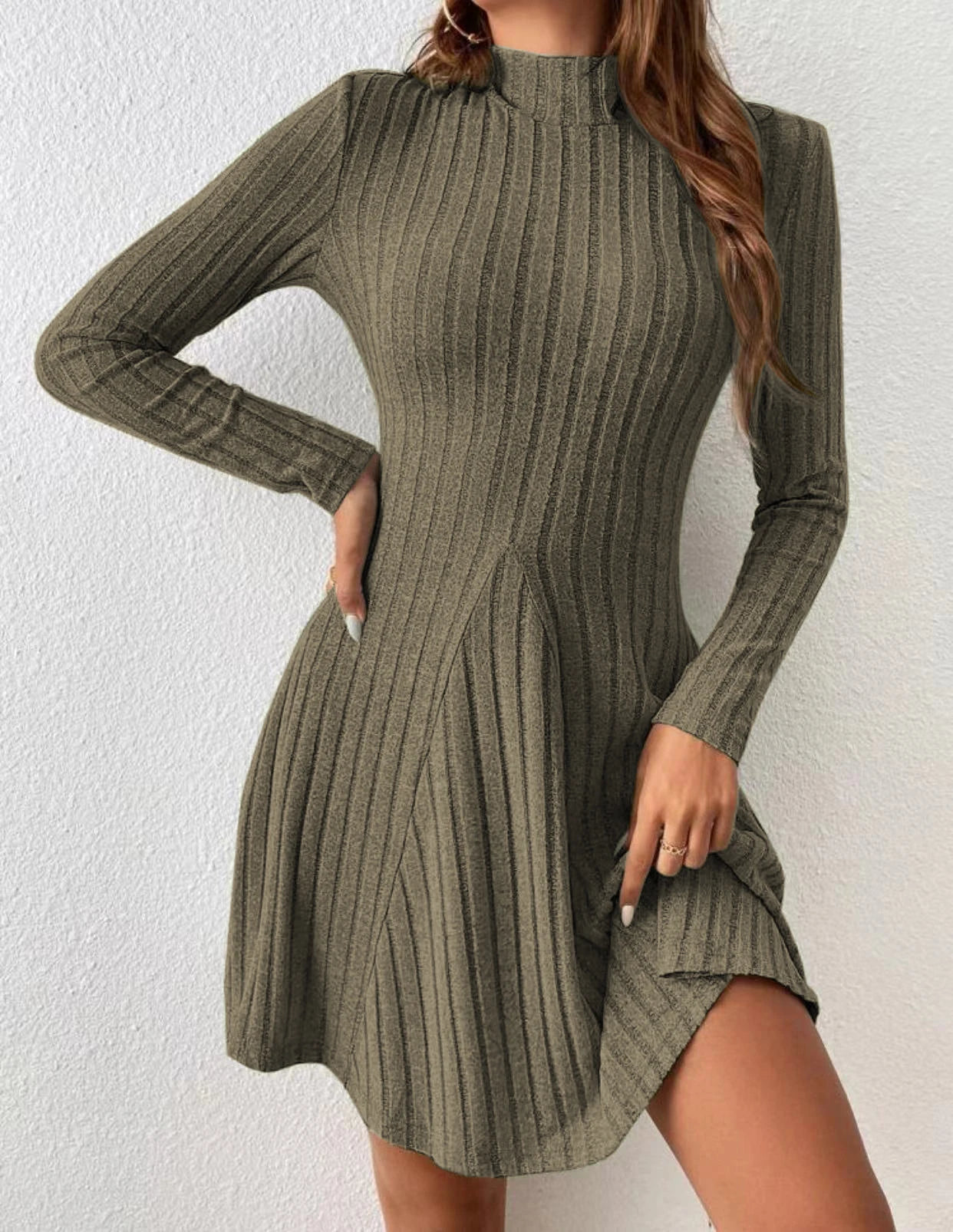EtherealBe long sleeve ribbed dress in olive green, perfect for fall fashion women's dresses