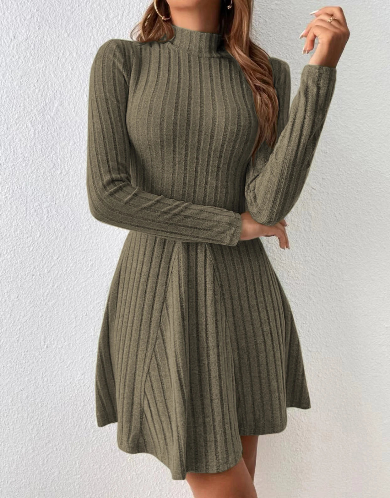 Olive green ribbed long sleeve dress perfect for fall fashion women's dresses with a flattering fit
