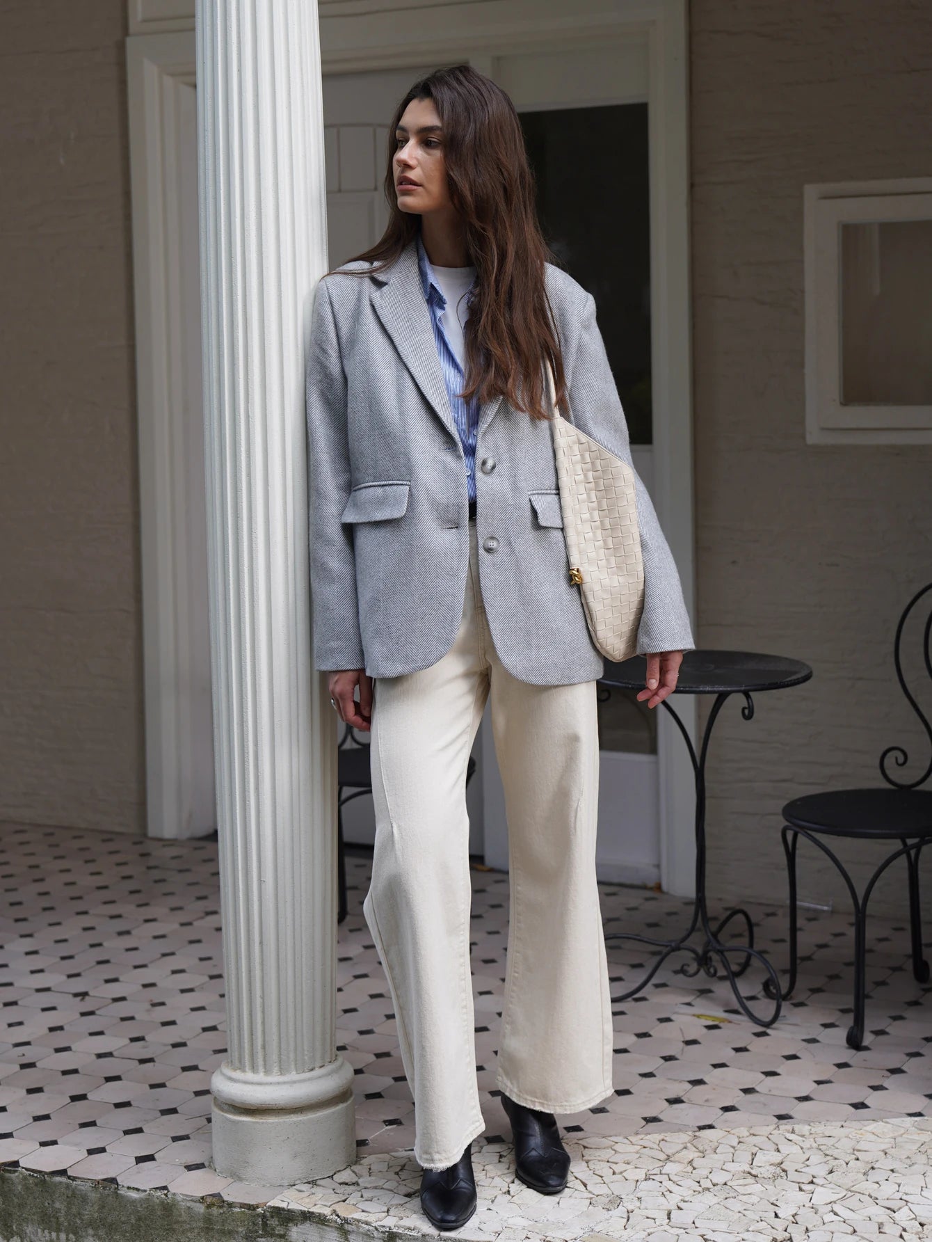 EtherealBe Fashion Blazer for women styled with cream wide-leg pants and a chic bag