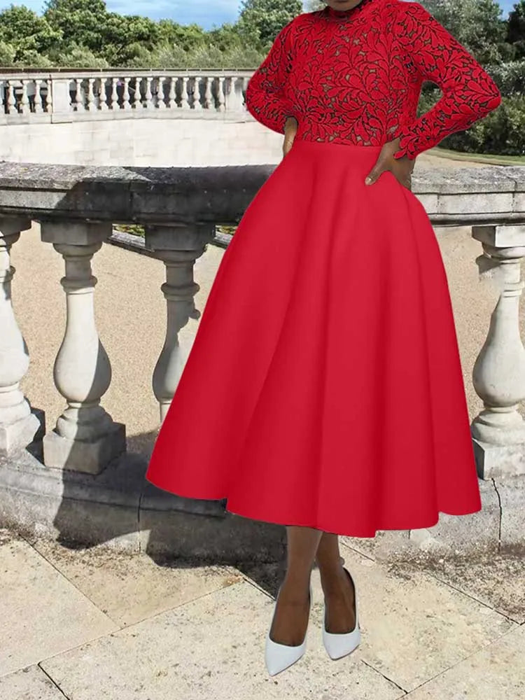 Model wearing EtherealBe elegant lace party dress for women in red with long lace sleeves high neck and full midi skirt