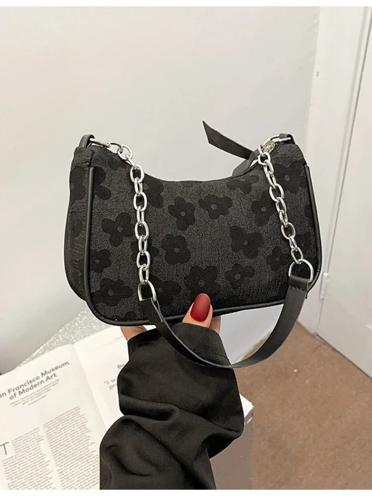Stylish black fashion felt shoulder bag for women with floral design and chain strap