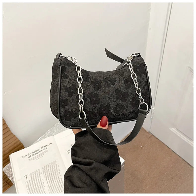 Stylish black fashion felt shoulder bag for women with floral pattern and chain strap