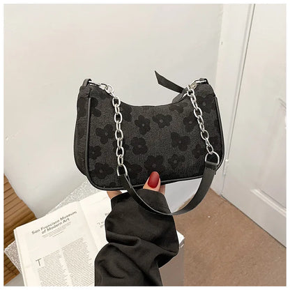 Stylish black fashion felt shoulder bag for women with floral pattern and chain strap