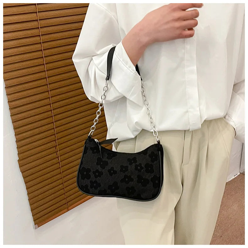 EtherealBe fashion felt shoulder bag for women with floral design and chain strap