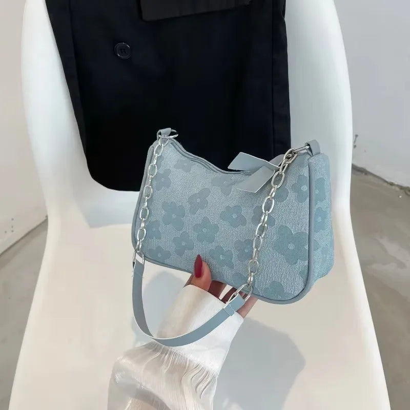 EtherealBe fashion felt shoulder bag for women in light blue with floral pattern and chain strap