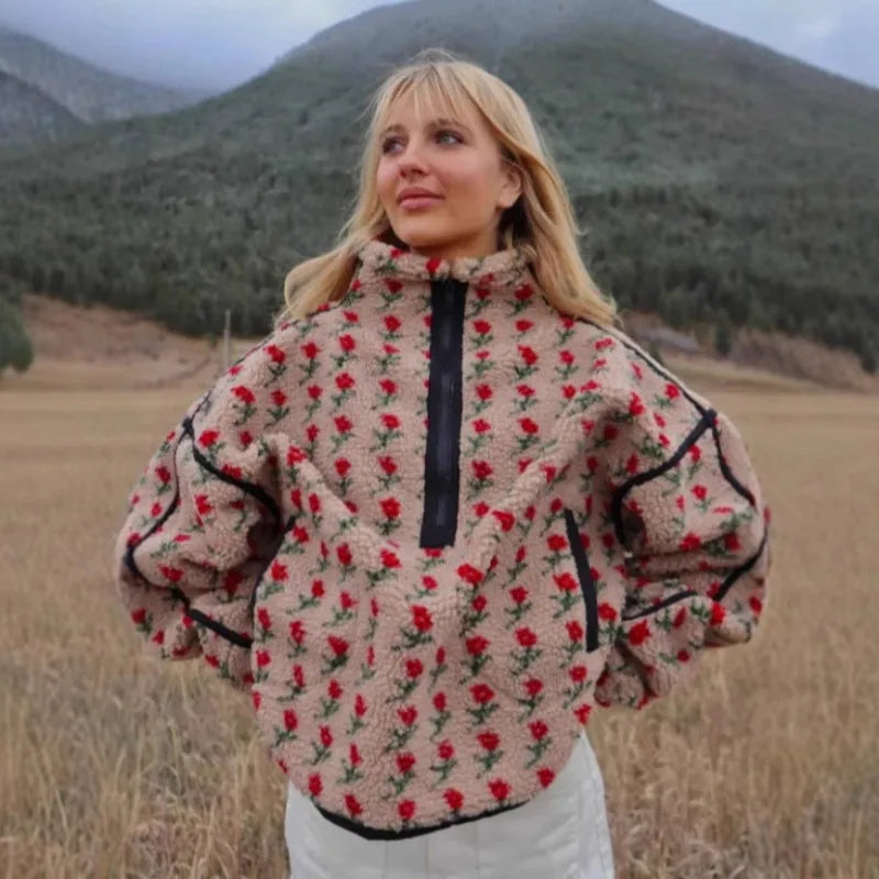 EtherealBe fashion fleece top for winter with floral pattern and high collar, perfect for casual outings