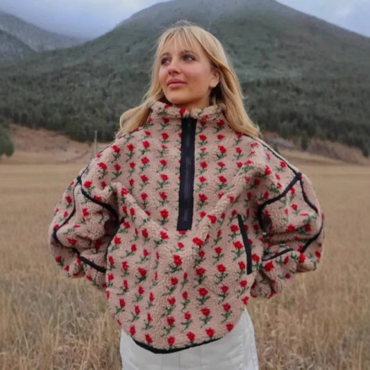 EtherealBe fashion fleece top for winter with floral pattern and high collar, perfect for casual outings