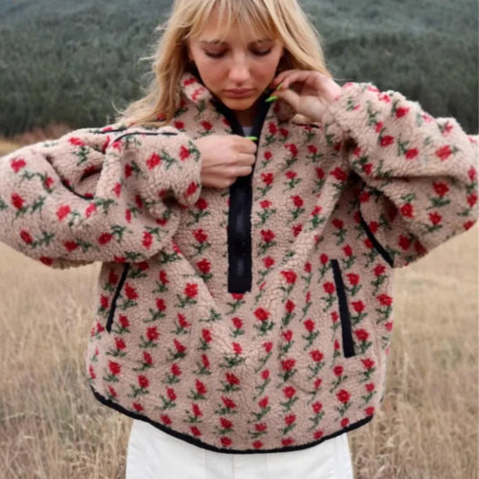 EtherealBe Floral Patterned Fashion Fleece Tops for Winter in Beige with Zipper Closure
