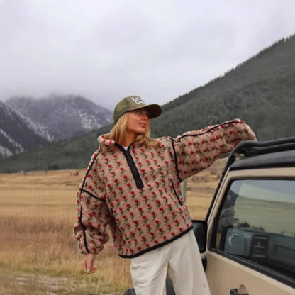 EtherealBe Fashion Fleece Tops for Winter featuring a stylish design and cozy fit in a scenic outdoor setting