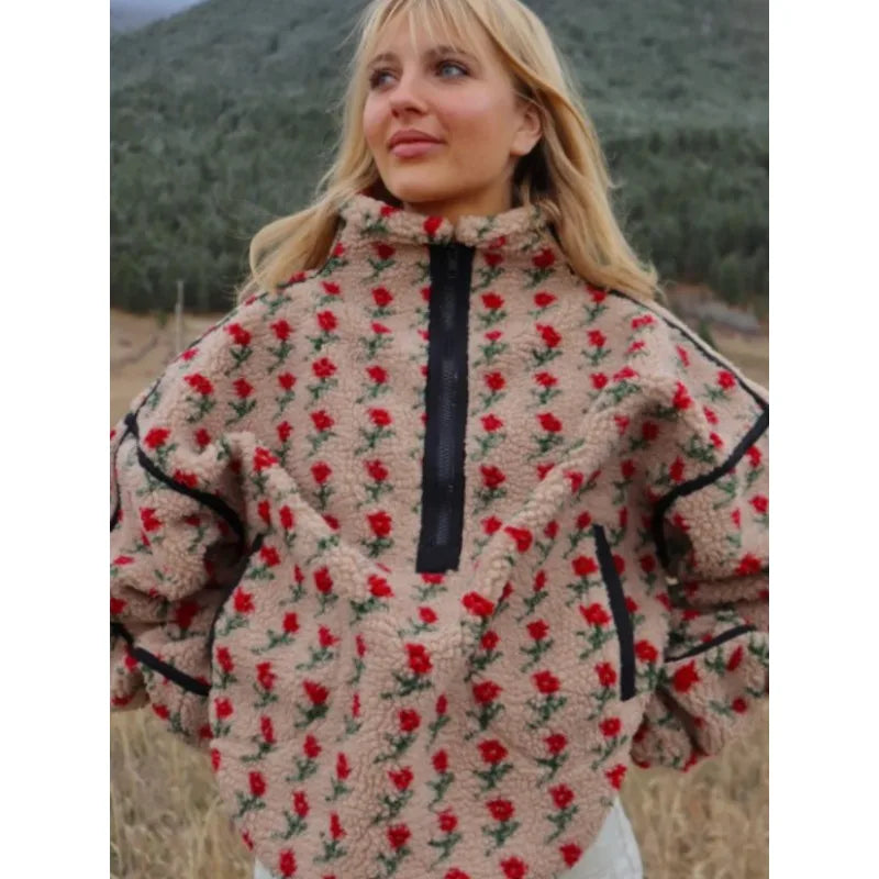 EtherealBe fashion fleece top for winter with floral print and half-zip design for cozy style