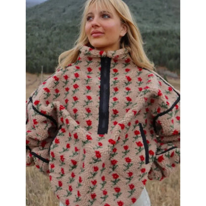 EtherealBe fashion fleece top for winter with floral print and half-zip design for cozy style