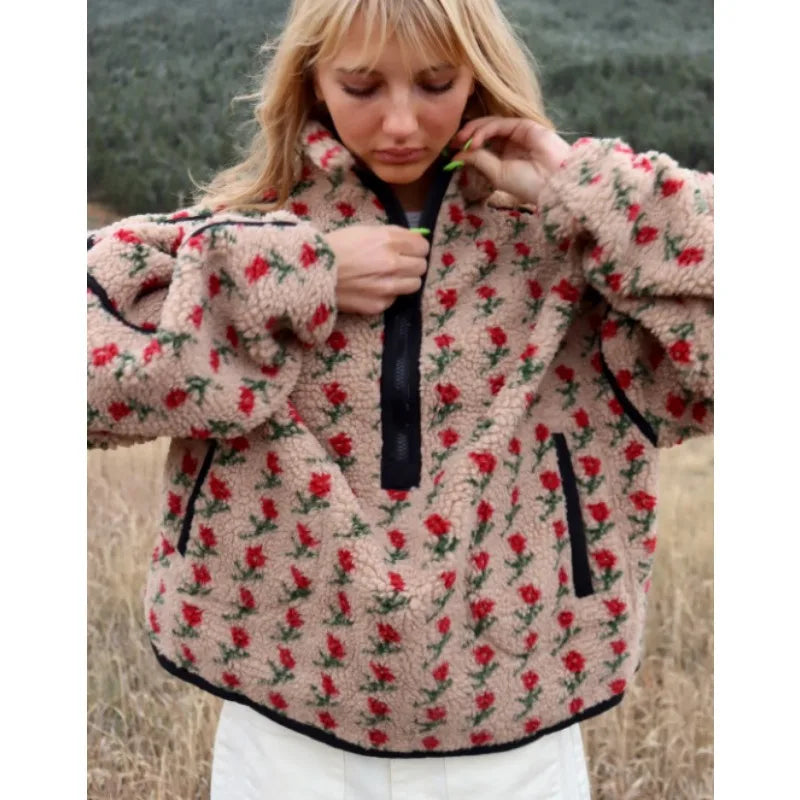 EtherealBe fashion fleece tops for winter featuring floral design and zippered collar for cozy warmth