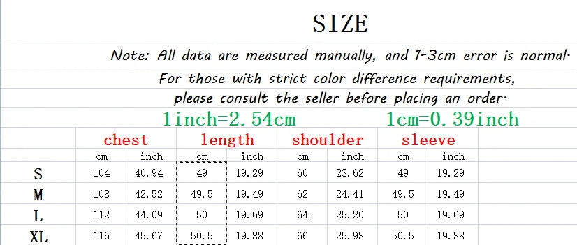 Size guide for EtherealBe fashion fleece tops for winter showing measurements in cm and inches