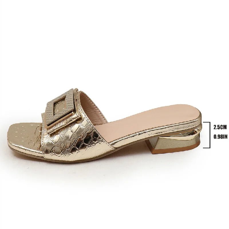 EtherealBe fashion low heel open toe mules in gold with a stylish buckle detail for a chic look