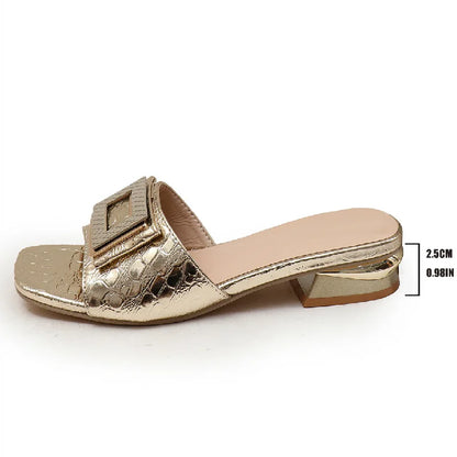 EtherealBe fashion low heel open toe mules in gold with a stylish buckle detail for a chic look