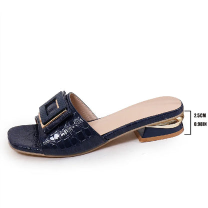 EtherealBe fashion low heel open toe mules in navy with a stylish buckle and crocodile pattern