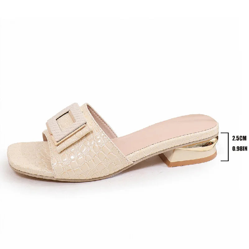 EtherealBe fashion low heel open toe mules in beige with stylish buckle detail