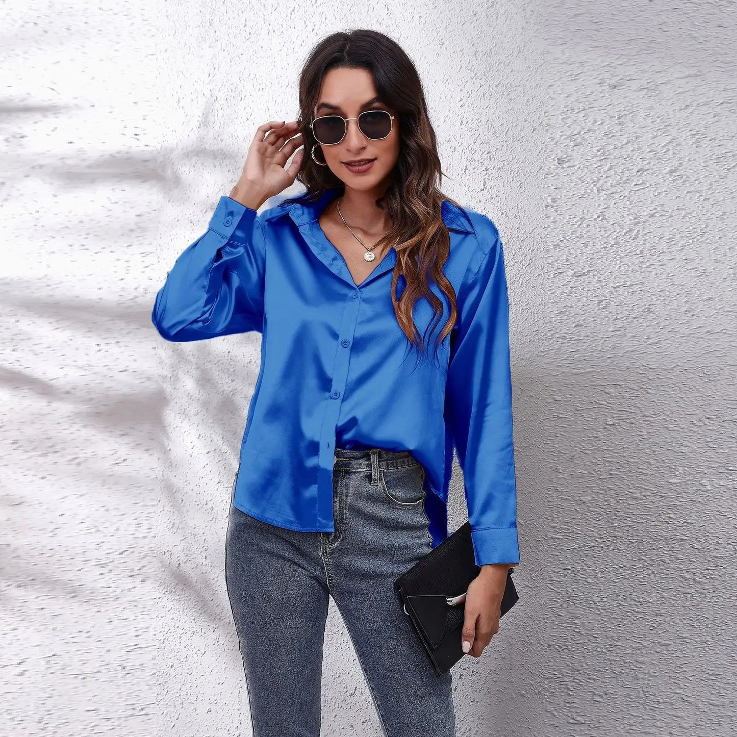 EtherealBe Fashion Satin Blouse Ladies in Bright Blue, Perfect for Stylish Outfits