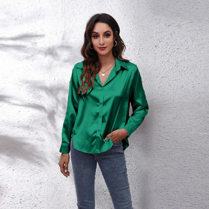 EtherealBe fashion satin blouse ladies in emerald green with a button-up design and long sleeves