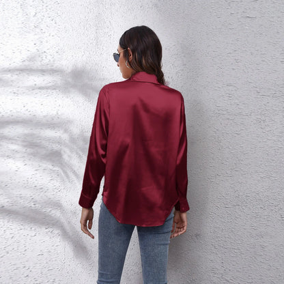 Elegant burgundy fashion satin blouse ladies with a stylish back design for a chic look