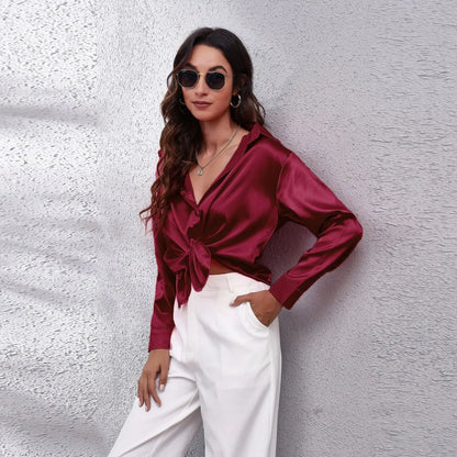 EtherealBe fashion satin blouse ladies in burgundy with tie-front design and stylish fit