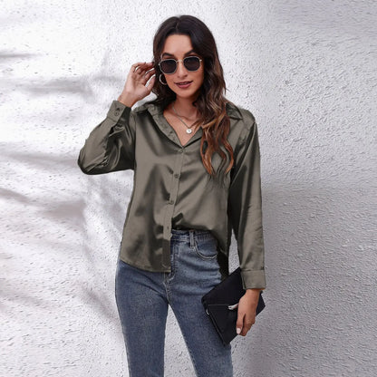 EtherealBe fashion satin blouse ladies in olive green styled with jeans and accessories