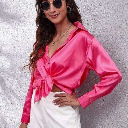 EtherealBe fashion satin blouse ladies in vibrant pink with a stylish front knot and long sleeves