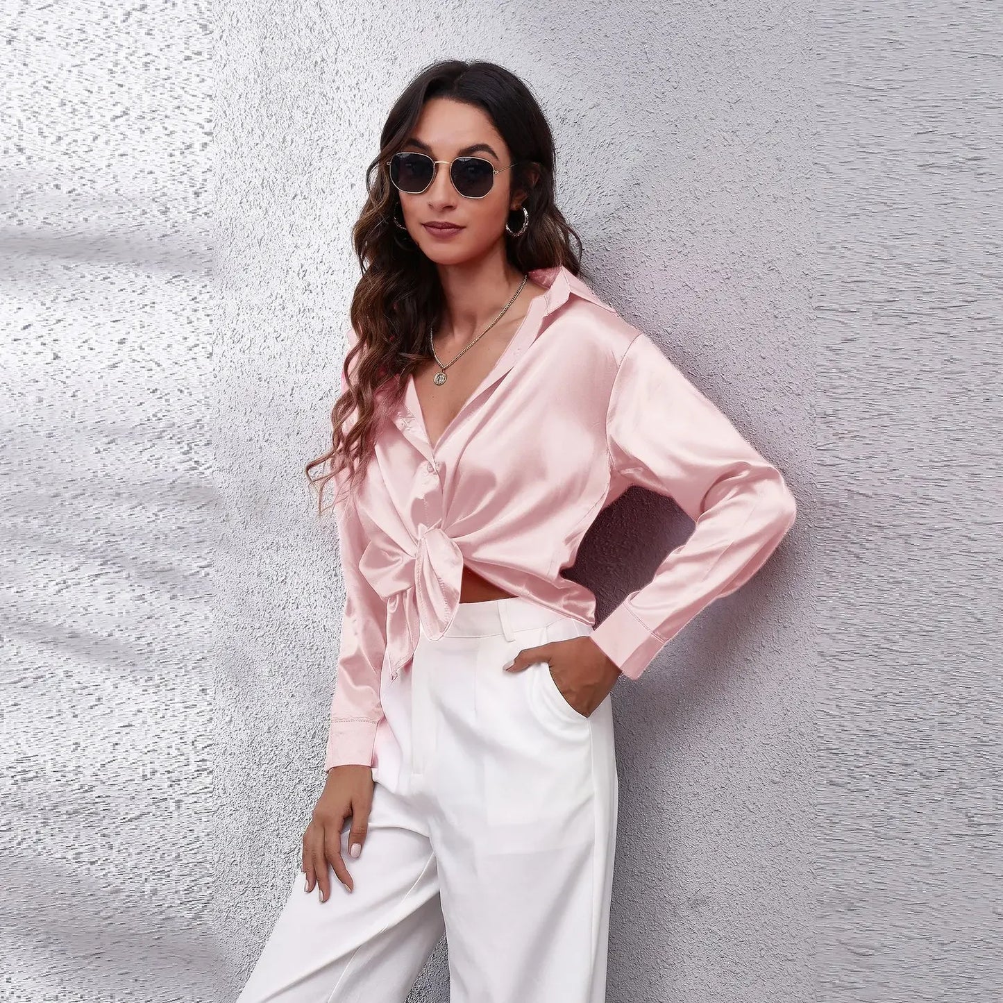 EtherealBe fashion satin blouse ladies in pink with a stylish tie front and relaxed fit
