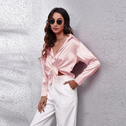EtherealBe fashion satin blouse ladies in pink with a stylish tie front and relaxed fit