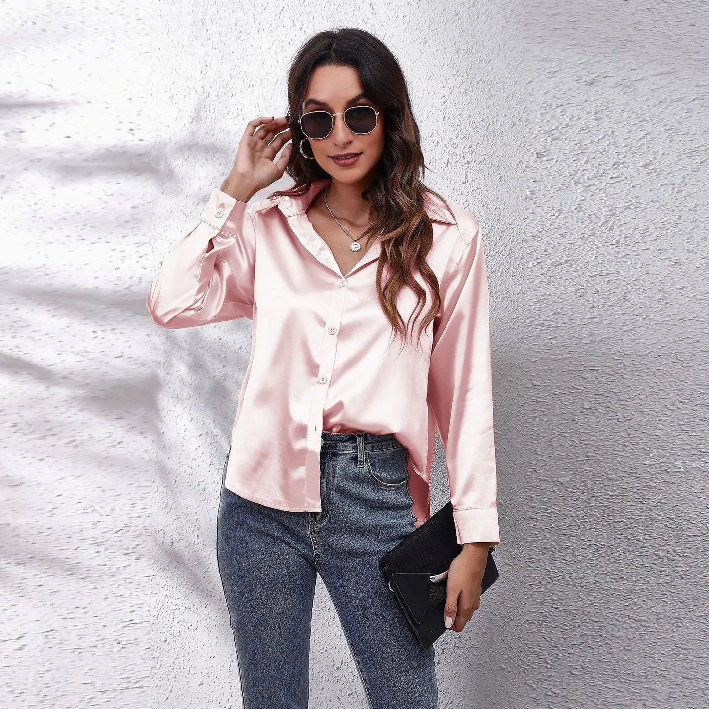 EtherealBe Fashion Satin Blouse Ladies in Pink with Button Front and Stylish Collar