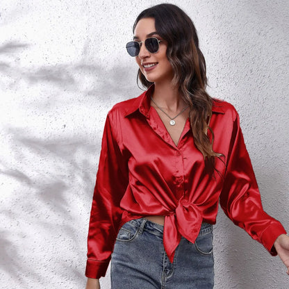 EtherealBe fashion satin blouse ladies in red with a stylish tie-front design and long sleeves
