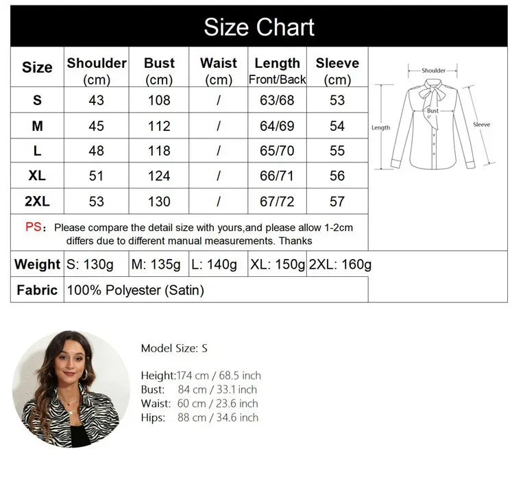 EtherealBe fashion satin blouse ladies in various sizes with size chart and model details