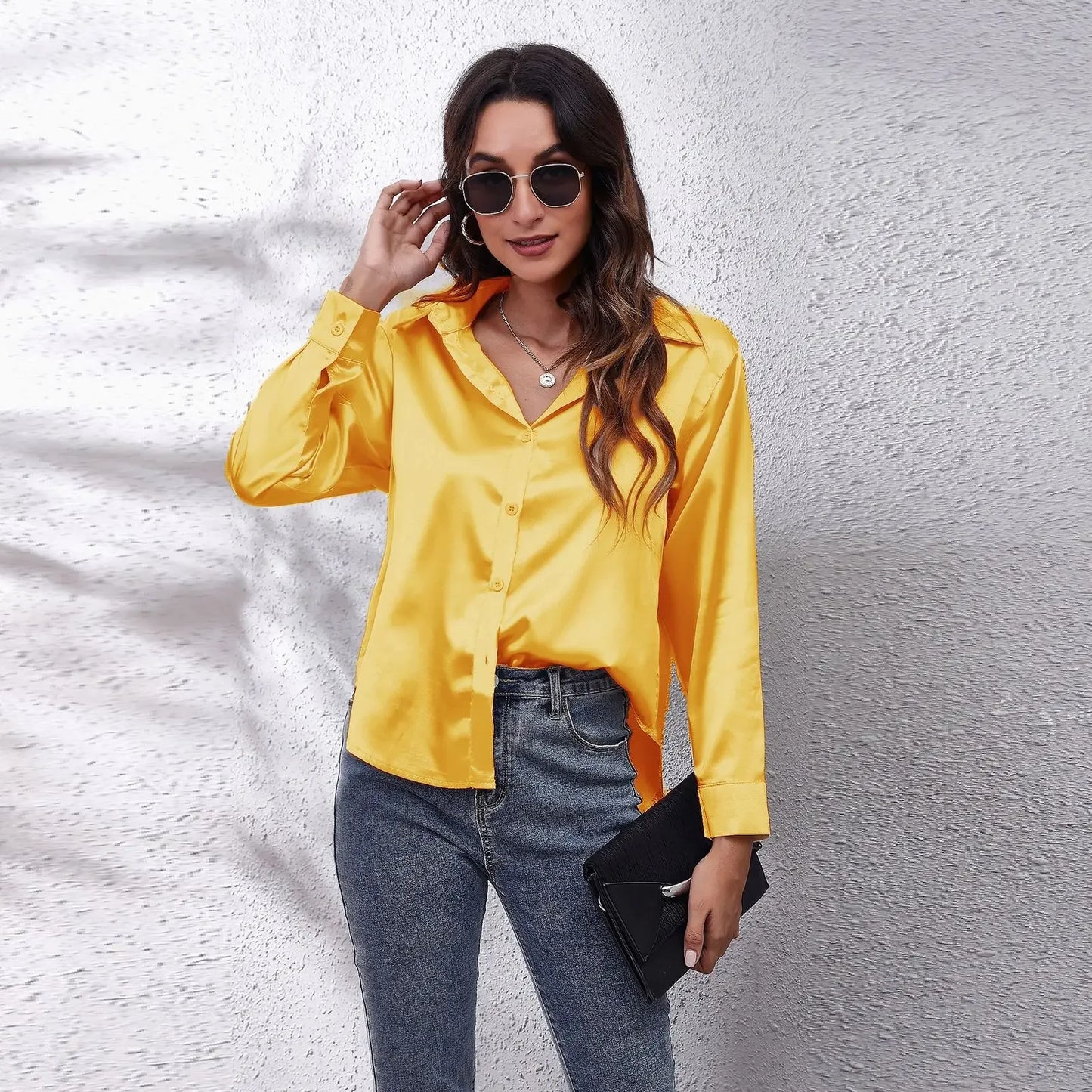 EtherealBe fashion satin blouse ladies in yellow with button details, perfect for stylish outings
