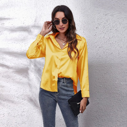 EtherealBe fashion satin blouse ladies in yellow with button details, perfect for stylish outings