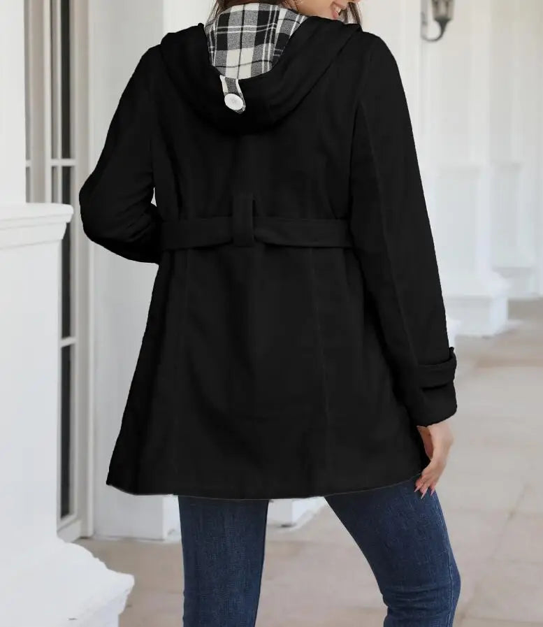 EtherealBe Women's Fashion Turn-Down Collar Jacket with Hood and Belted Waist in Black