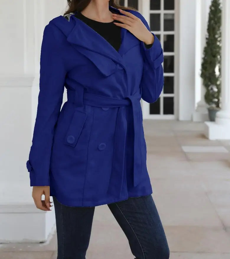 EtherealBe fashion turn-down collar jacket for women in vibrant blue with a stylish belt and pockets