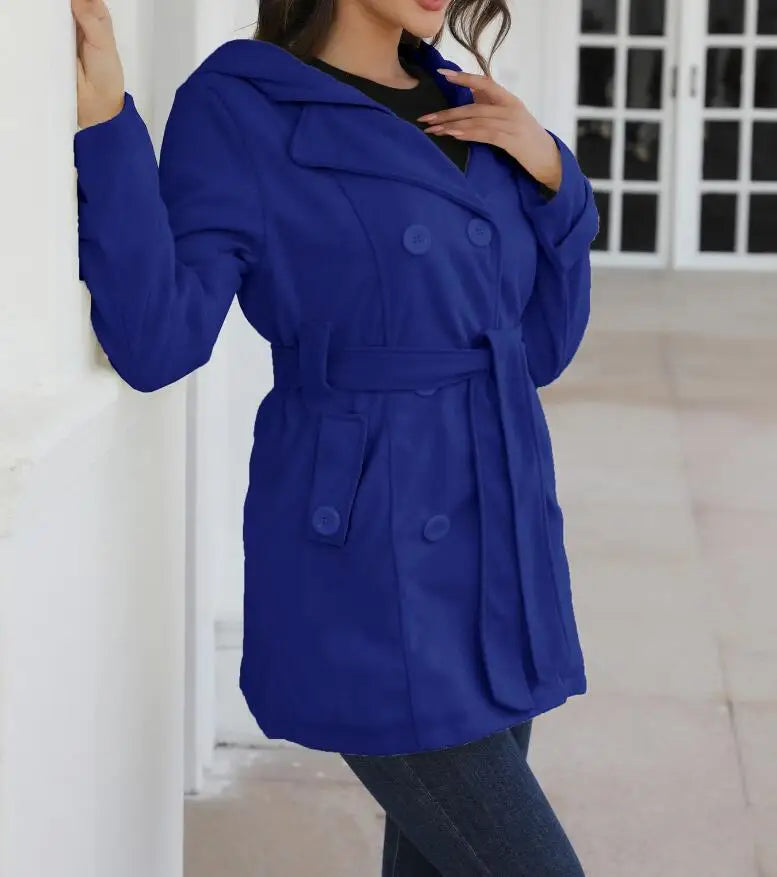 EtherealBe fashion turn-down collar jacket for women in vibrant blue with a belted waist