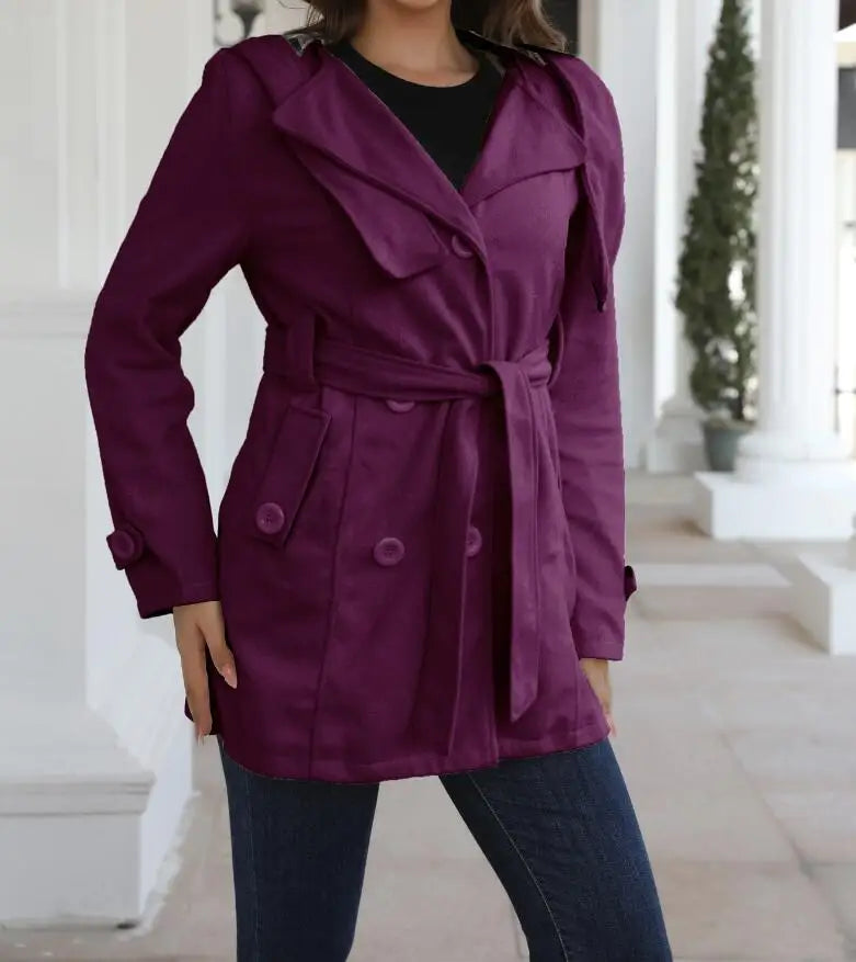 EtherealBe purple fashion turn-down collar jacket for women with a waist tie and stylish buttons