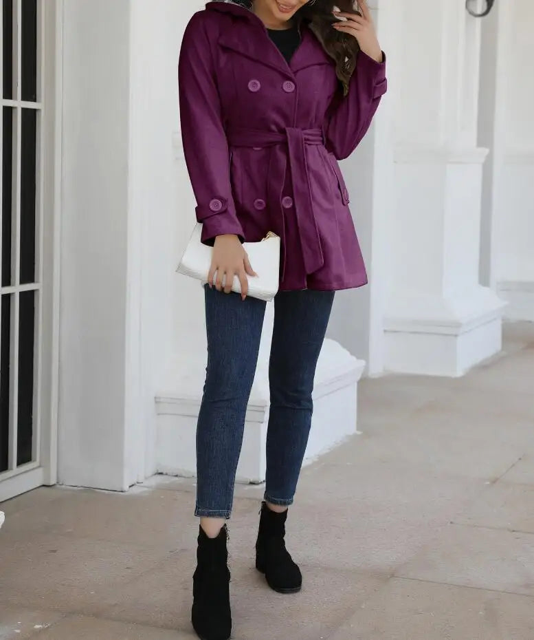 EtherealBe fashion turn-down collar jacket for women in purple with a belt and pockets